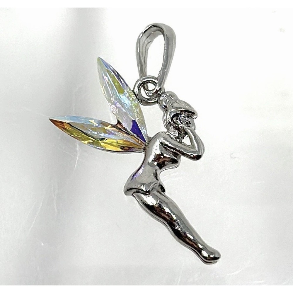 Vintage Silver Tone Tinker Bell Fairy Aurora Borealis Rhinestone Crystal Pendant